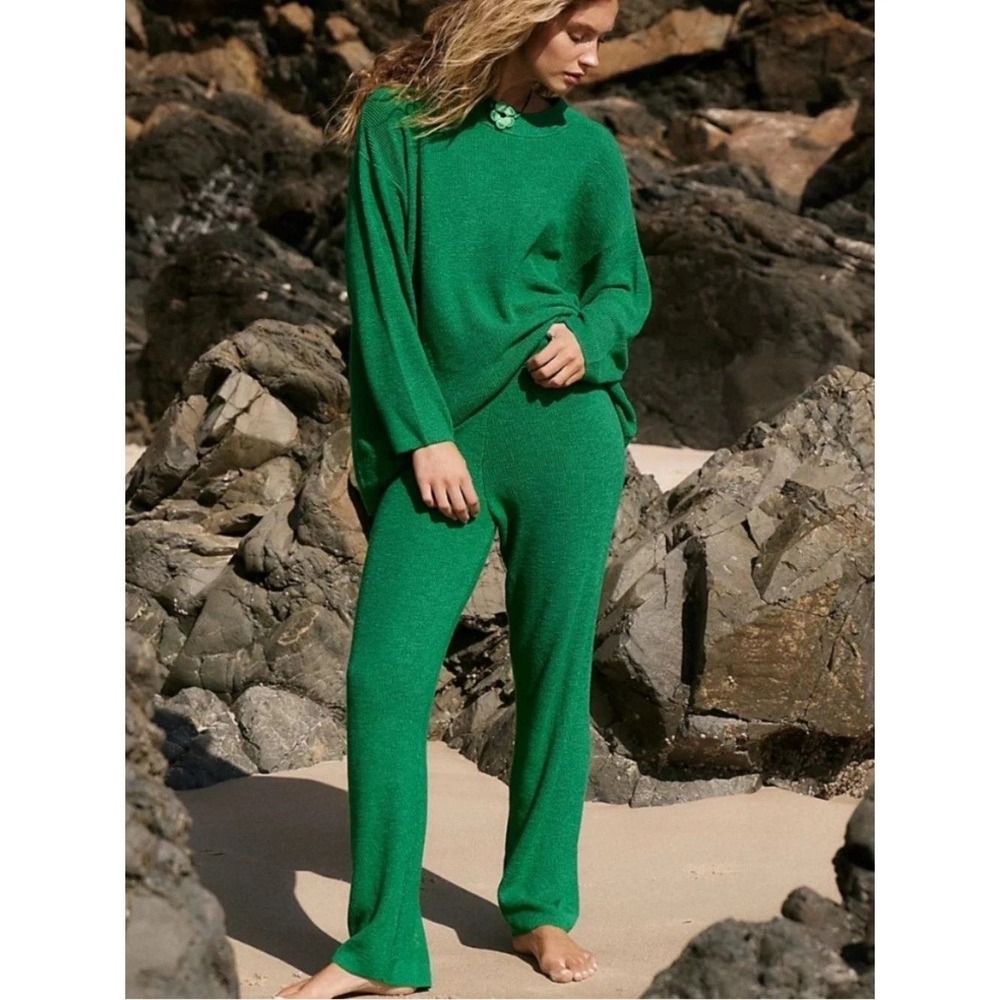 Free People FP Beach Malibu Surf Knit Sweater S Green Oversized Beachy‎ Cotton